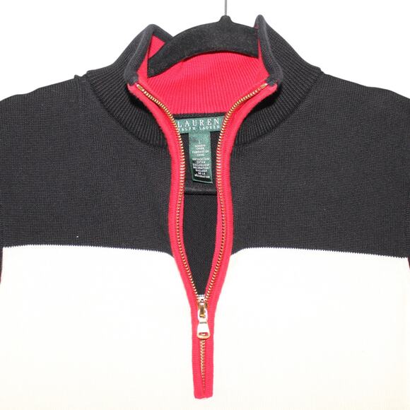 Lauren Ralph Lauren Quarter Zip Sweater Size Large Creme Red Navy Gold Hardware - Picture 6 of 9